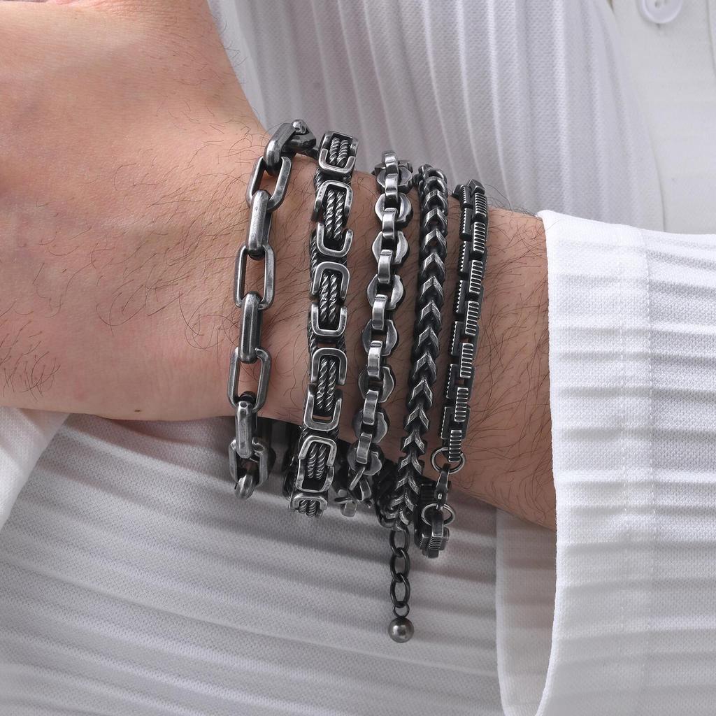 Retro Chain Bracelets for Men Boys,,Vintage Antique Stainless Steel Link Wristband,Classic Punk Zircon Gifts