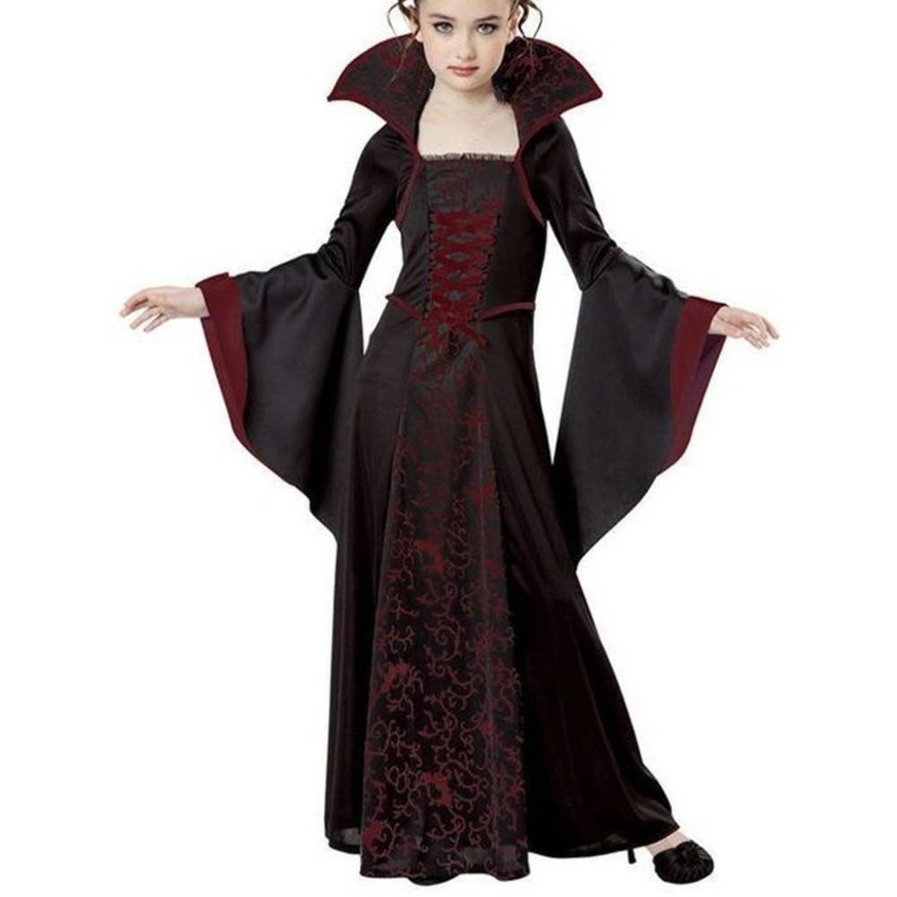 Lace Up Halloween Witch Long Dress Stand Collar Children Medieval Printed Dress  Kids