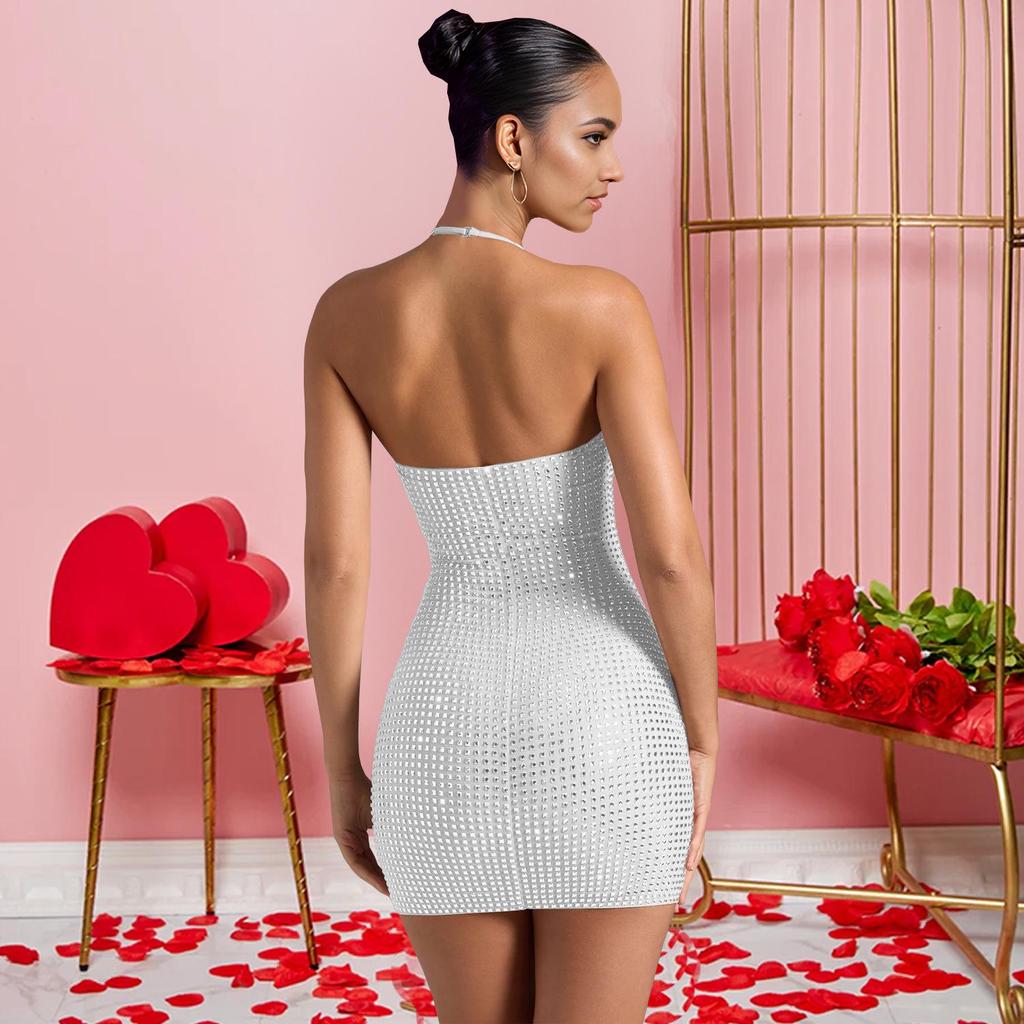 C7179 European & American Fashion Sexy Halter Rhinestone Bodycon Pencil Dress for Women