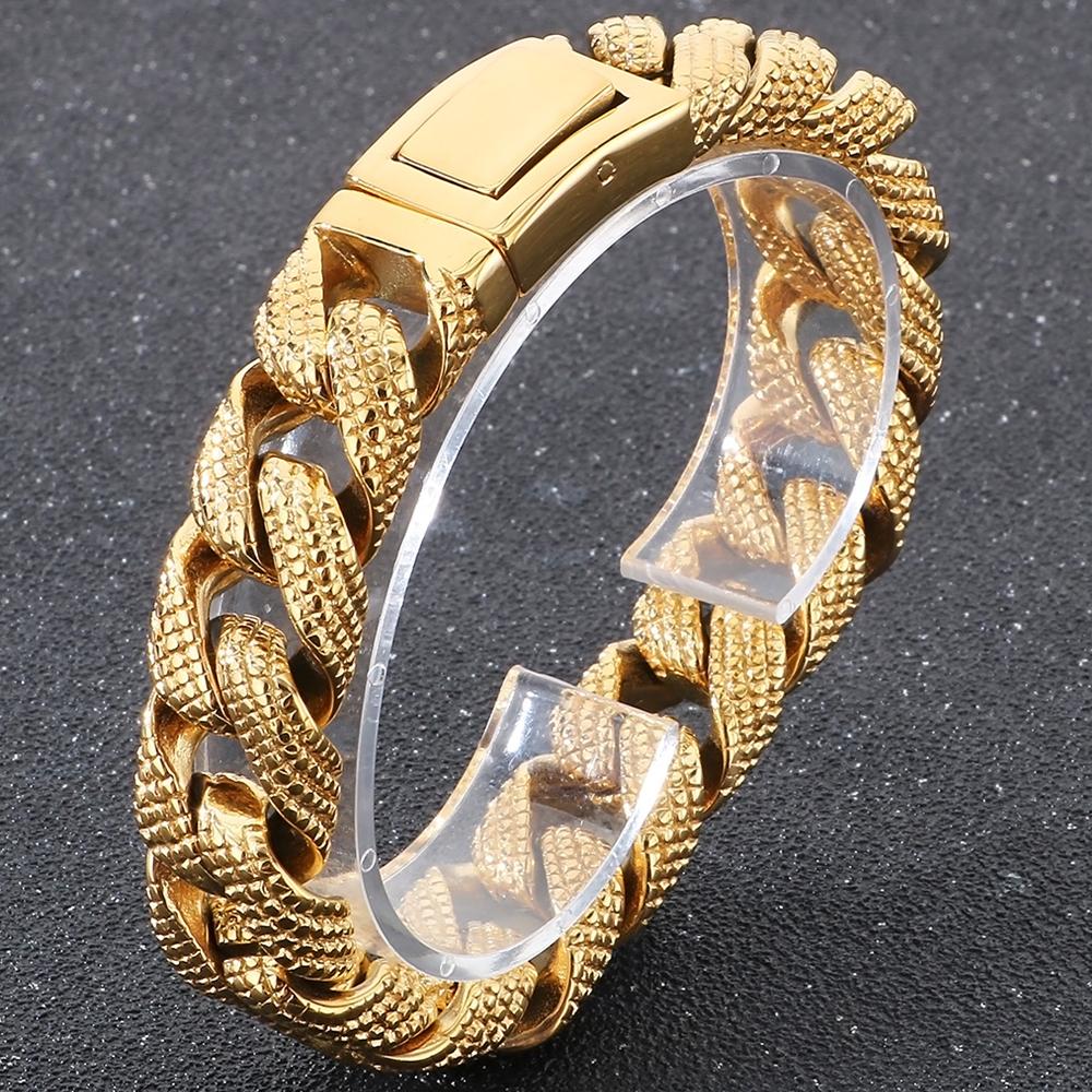 Gótikus Férfi Karkötők Vintage 15MM Szélességű Tömör Rozsdamentes Acél Kockalánc Kubai Lánc Karkötő Férfi Férfi Ékszerek Ajándékok 2 Szín