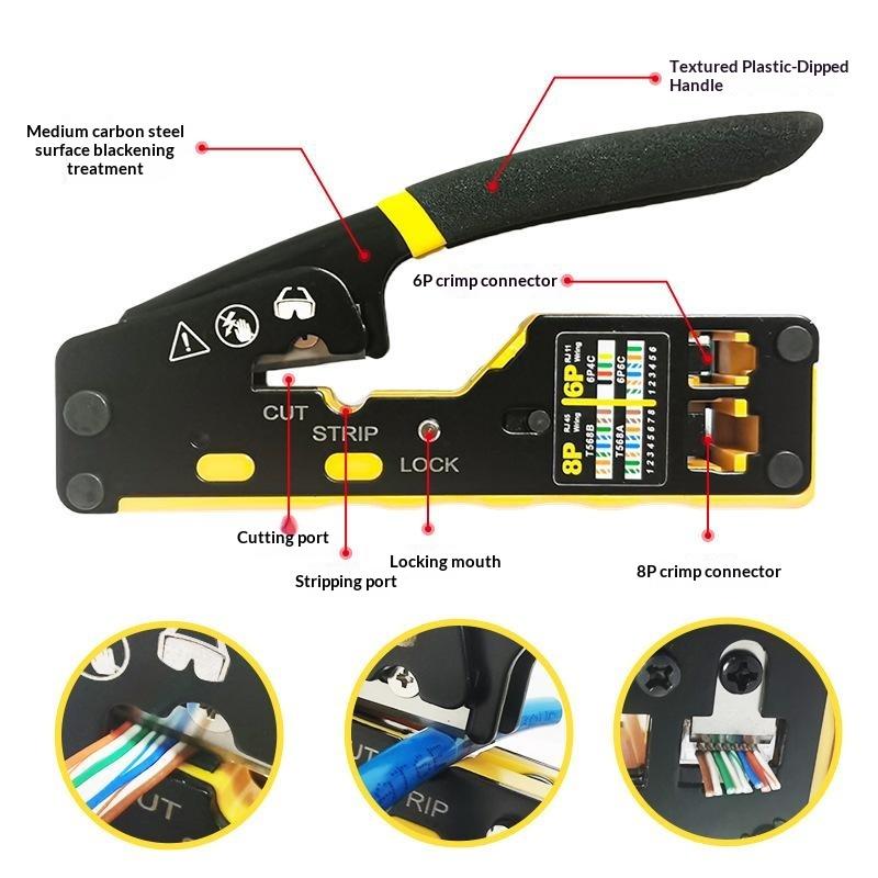 Rj45 Network Crimper - 3-In-1 Crimp/Cut/Strip Lan Cat8/7/6A/6/5E (Stp/Utp) & Rj11/12 Tel Modular Cable