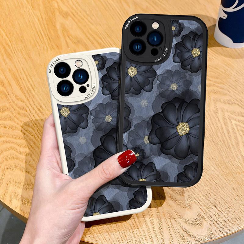 Leather Pattern Apple 17 Mobile Phone Protective Case Personalized Camellia iPhone16promax All-inclusive 13mini Soft Silicone