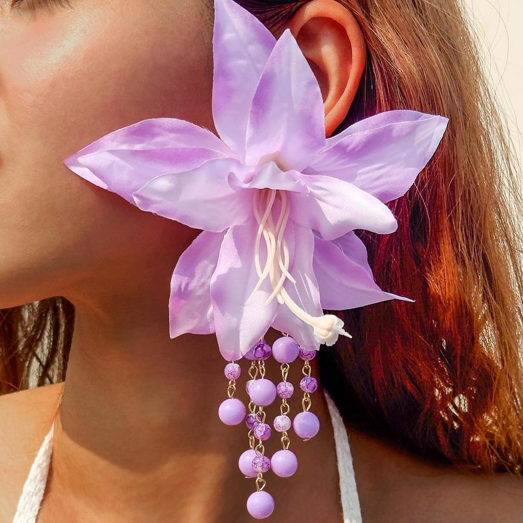 New Fresh Fabric Colored Large Flower Earrings for Women Jewelry Sweet Rice Beads Long Tassels Leaf Earrings Female Earrings