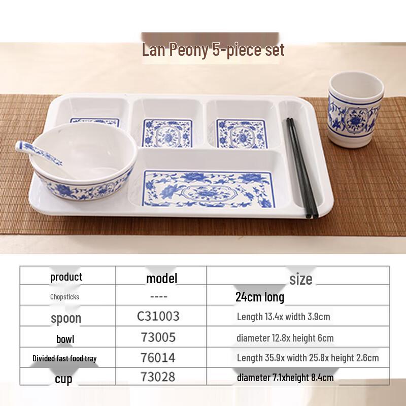 Tian Ya Jing Melamine 5-Compartment Lunch Plate Set