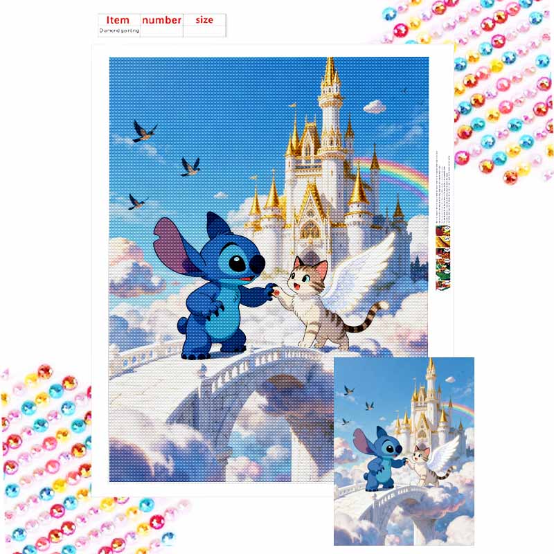 Disney Stitch Angel Cat Castle Diamond Art Painting Kit 5D Handmade DIY Diamond Painting, Home Wall Decoration Round 20x30cm