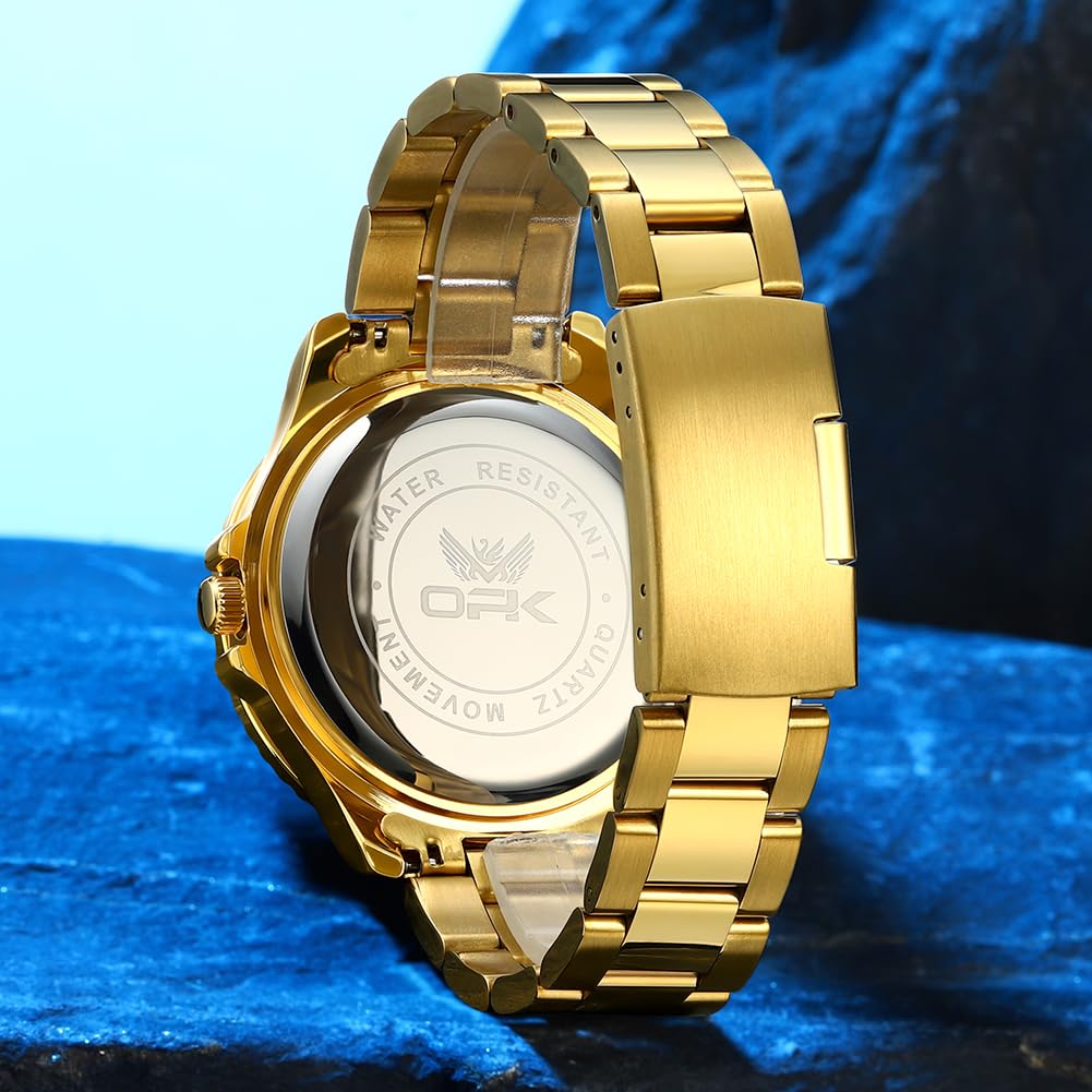 OPK Men's Quartz Watch with Date Display, Waterproof, Luminous, Stylish, Classic Stainless Steel Watch for School or Office, Gold