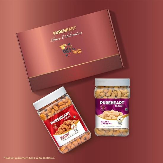 Coș Cadou Ziua Îndrăgostiților PUREHEART pentru El & Ea | Cutie Cadou Premium cu Nuci Caju cu Nuci Caju Sărate & Nuci Caju Picante (650g fiecare)