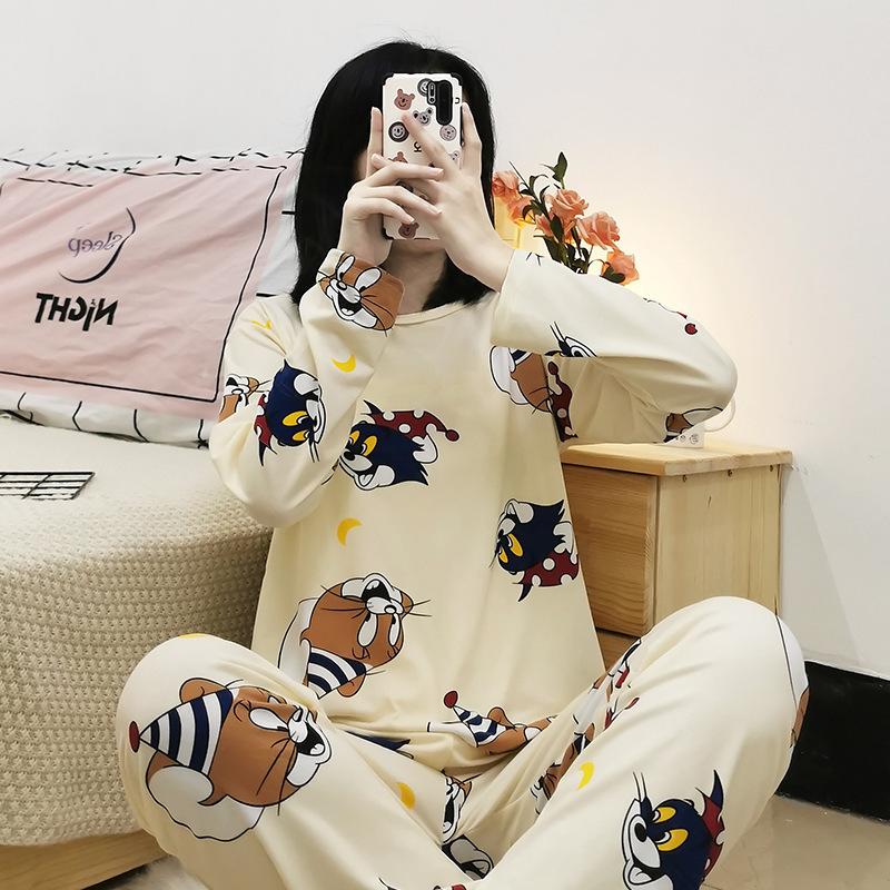 Spring and Autumn women's cartoon pajamas, pink girl cat print long-sleeved suit, loose loungewear