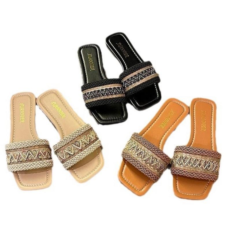 Large Size One-word Slippers Women's Outer Wear Summer New Seaside Beach Flat-bottom Embroidered Sandals Women's Shoes
