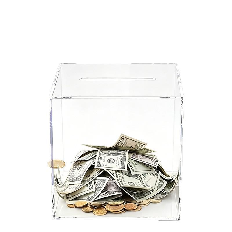 Square Clear Acrylic Piggy Bank with In-Only Slot, High Transparency