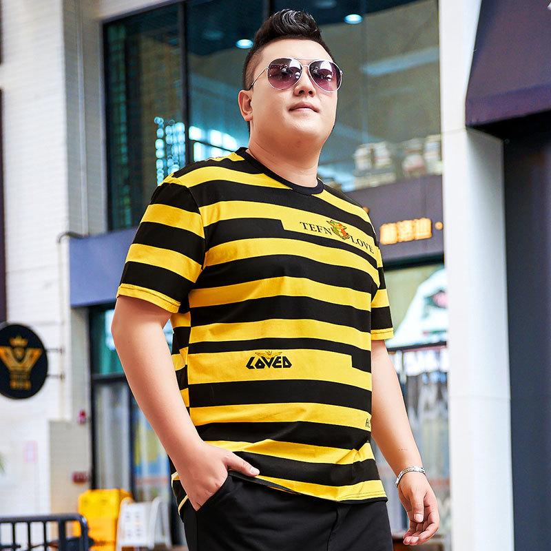 Chao Brand Übergroßes Herren-T-Shirt mit Rundhalsausschnitt und kurzen Ärmeln für den Sommer, dicker Mann, große Größe, lockeres, gestreiftes Body-Shirt, Oberteil 195
