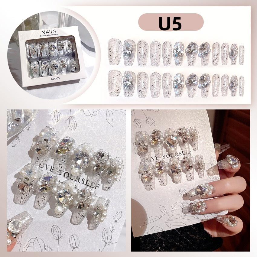 White Blue Color 3D Rabbit Star Rhinestone Designs-Full Cover Acrylic False Nails for Women and Girls Detachable Long Fake Nails