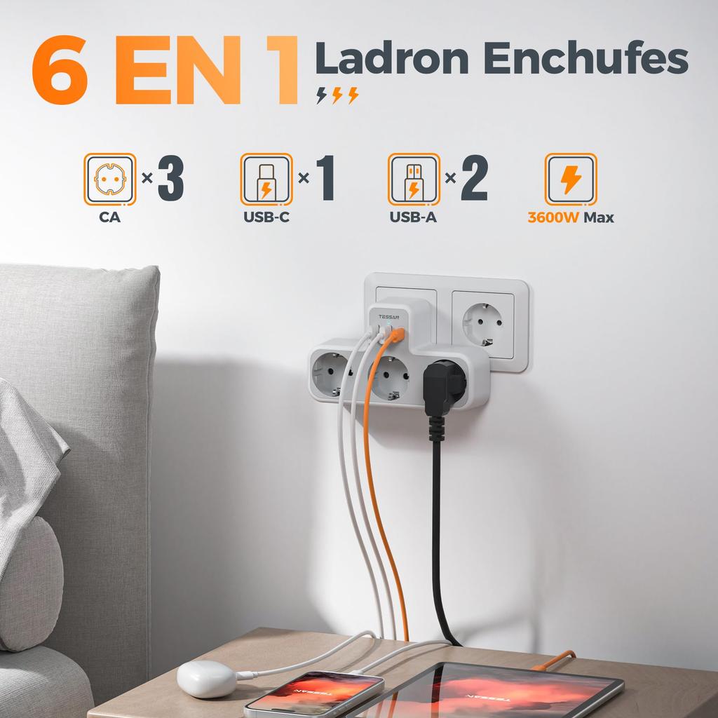 Tessan Wielogniazdkowe gniazdo ścienne z 3 gniazdami AC i 1 portem USB C, 2 portami USB A, adapter USB 6 w 1 z zabezpieczeniem przed przeciążeniem do smartfona, tabletu