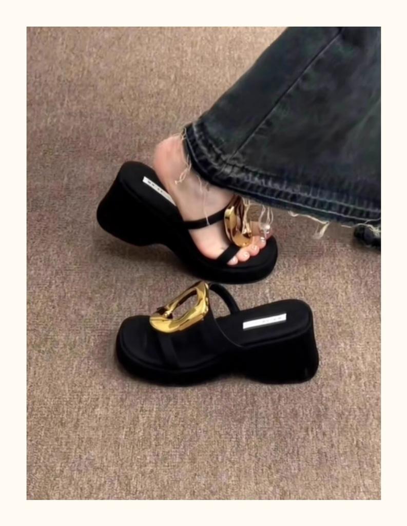 French black thick-bottomed cool slippers women's 2025 summer new niche fashion simple metal one-word beach slippers