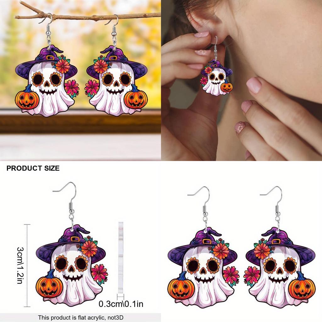 Ghost Themed Halloween Pumpkin Flower Pattern Women Alien Earrings Acrylic