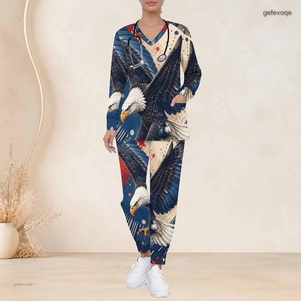 Conjunto de Uniforme de Enfermera para Mujer Tallas Grandes Cuello en V Manga Larga Estampado Patriótico Águila Calva Vintage