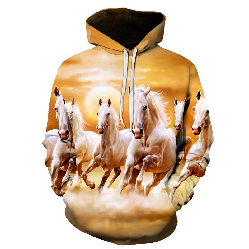 Sunset Herd Running Horse Fleece Hoodie, Men's Thick Warm Autumn Winter Sweatshirt, Galloping White Horses Scenery Pullover for Wild Vibe Style