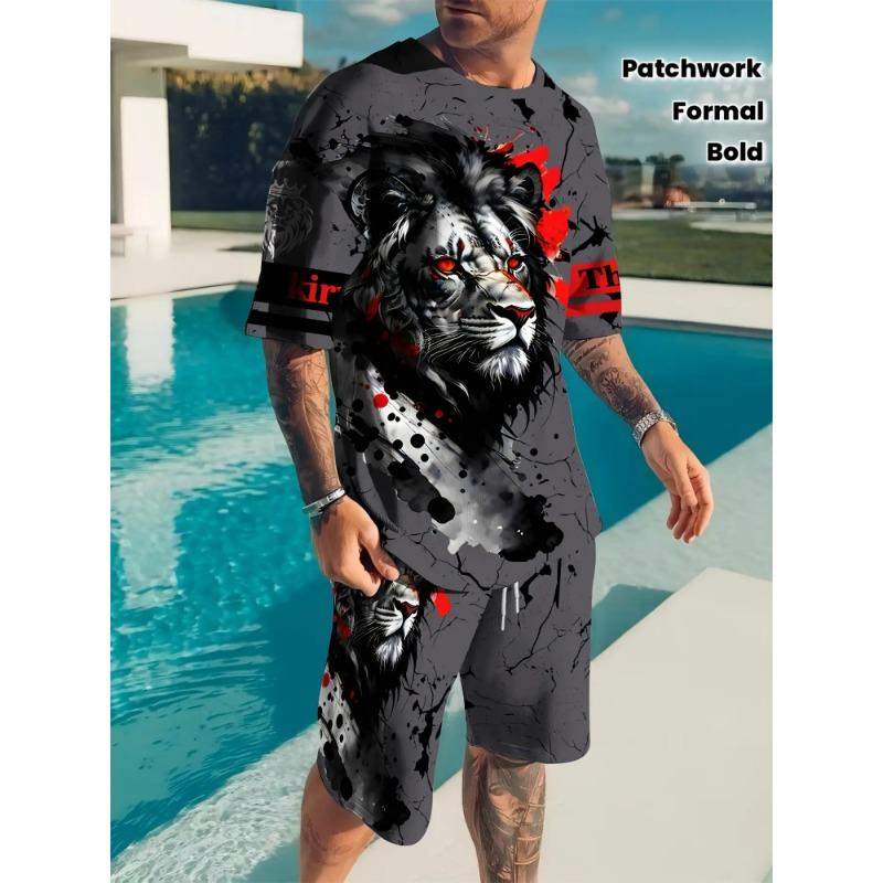 

Men s bold 3D lion head pattern suit - dark grey/red/black patchwork style, machine washable, summer street style casual and formal wear, large size S