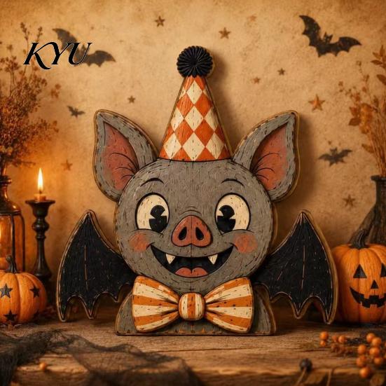 Cute Cartoon Tabletop Figures Vintage Halloween Double-Layer Wooden Decor, Spooky Character Wood Charming Retro Crafts Signs, Farmhouse Tiered