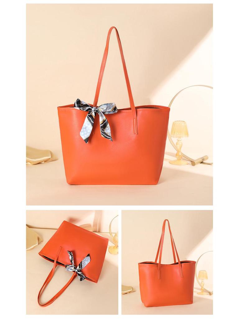 Fashionable Large Capacity Tote Bag with Lychee Pattern and Scarf Decoration - Solid Color Women's Shoulder Bag, 2024 Edition