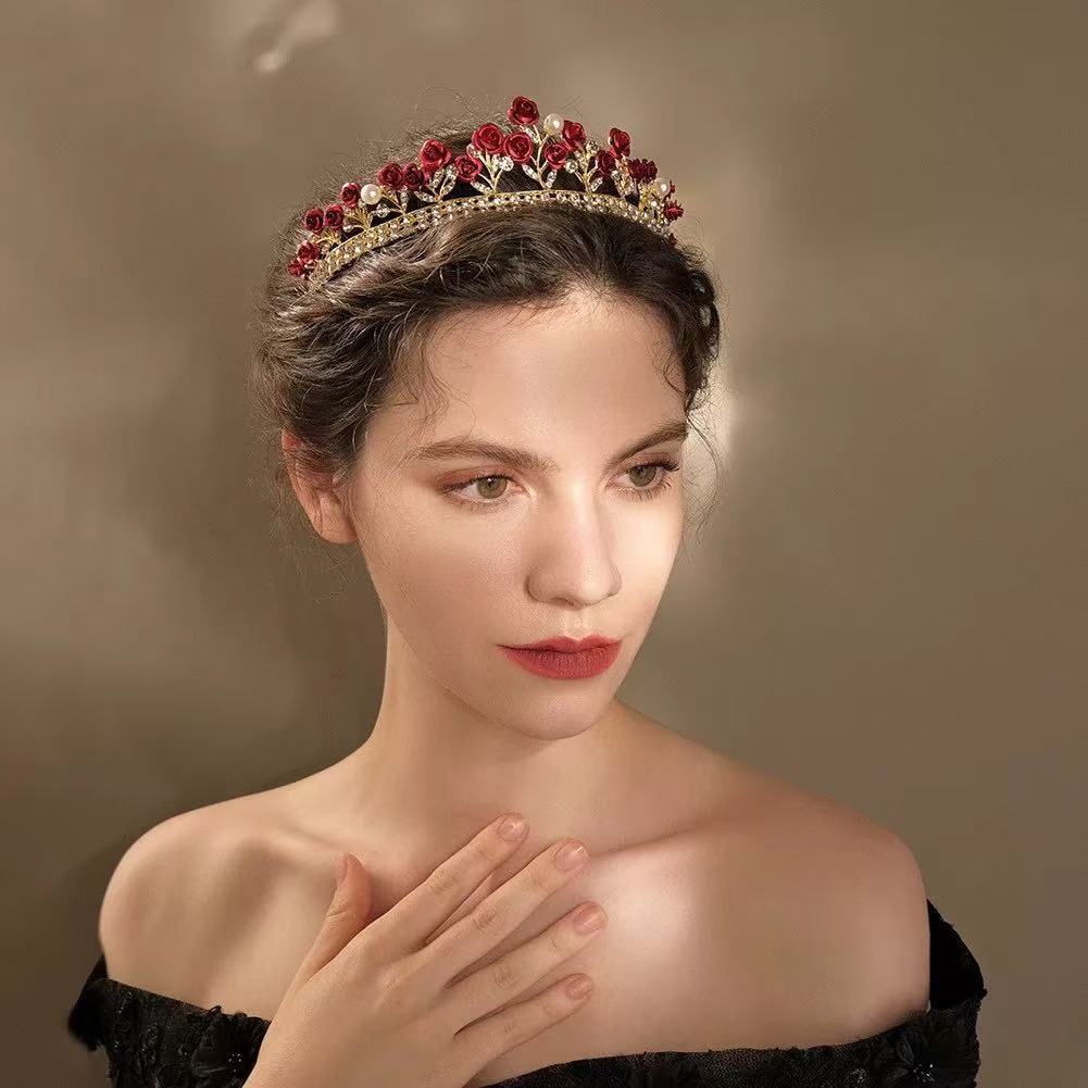 New Engagement Baroque Aesthetic Temperament Red Rose Princess Headband Wedding Dress Accessories Bridal Crown
