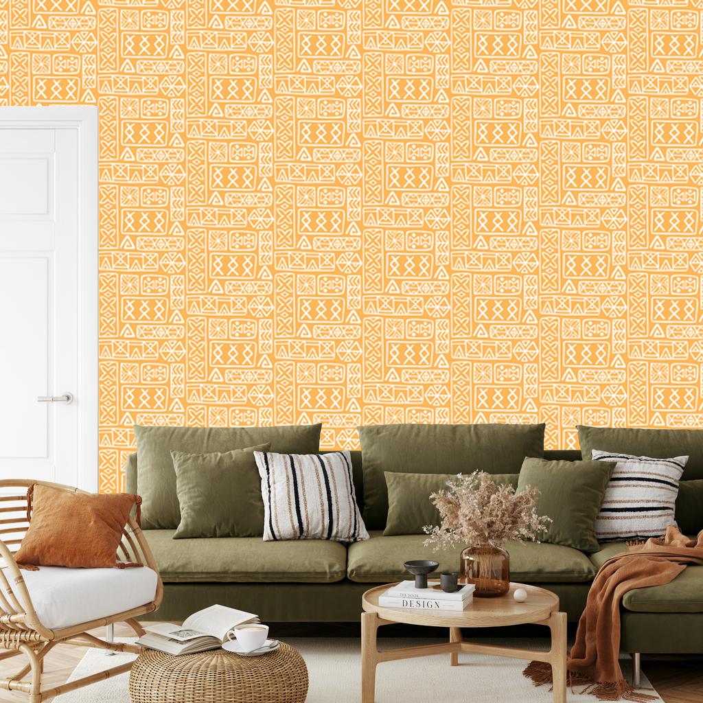 Polynesian Geometric Pattern Wallpaper Cream and Gold 50x1000