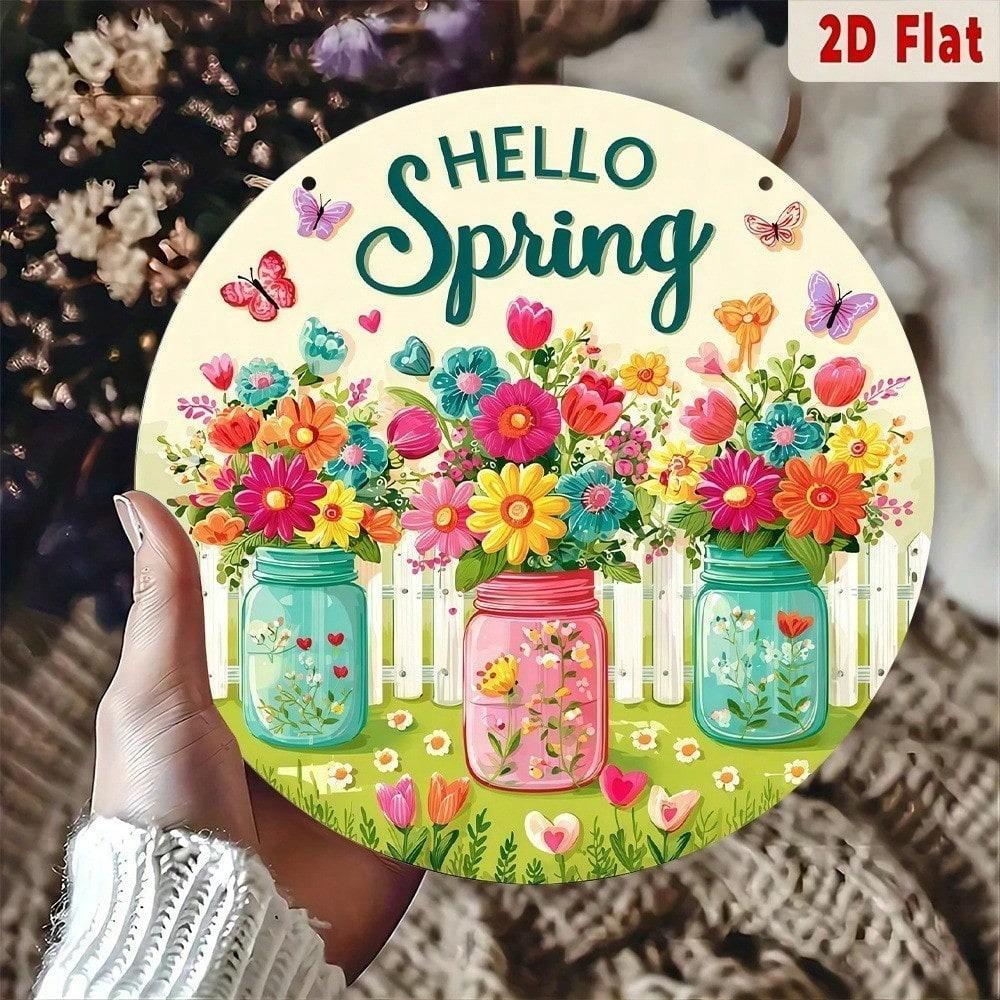 Spring Flower Jar Round Metal Wall Art Aluminum Floral Sign Home Decor Graduation Gift
