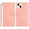 For iPhone 14/13 Case Flower Imprint Leather Flip Wallet Phone Cover with Wrist Strap