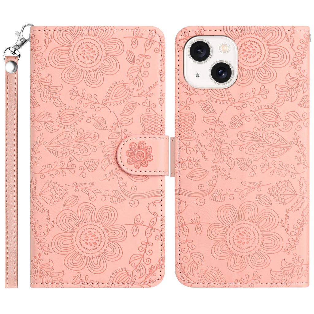 For iPhone 14/13 Case Flower Imprint Leather Flip Wallet Phone Cover with Wrist Strap