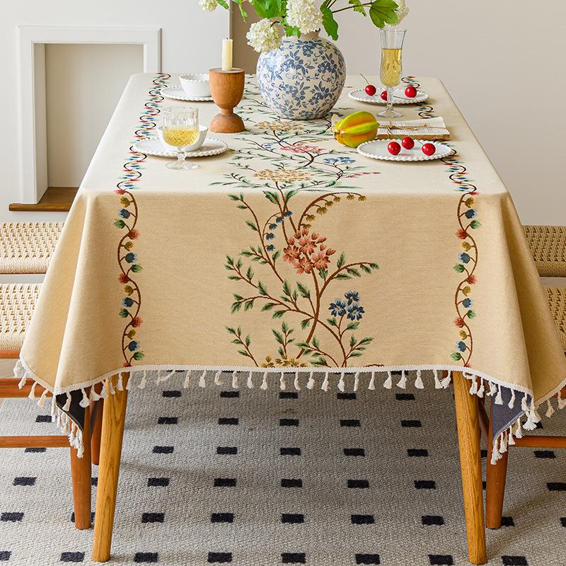 Cotton And Linen Tablecloth Light Luxury High Sense Apricot Green Branch Embroidery French Retro Rectangular Tablecloth Dining Table Round Table