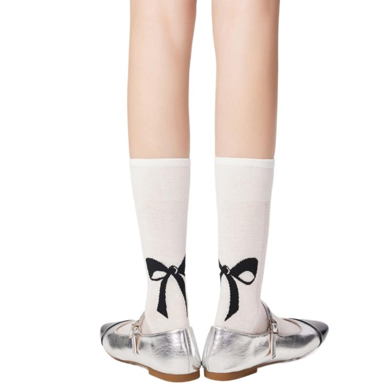 Cute Bowknot Pattern Long Calf Length Socks for Women and Girls Breathable Mesh Ribbed Student Cotton Stockings Hosiery