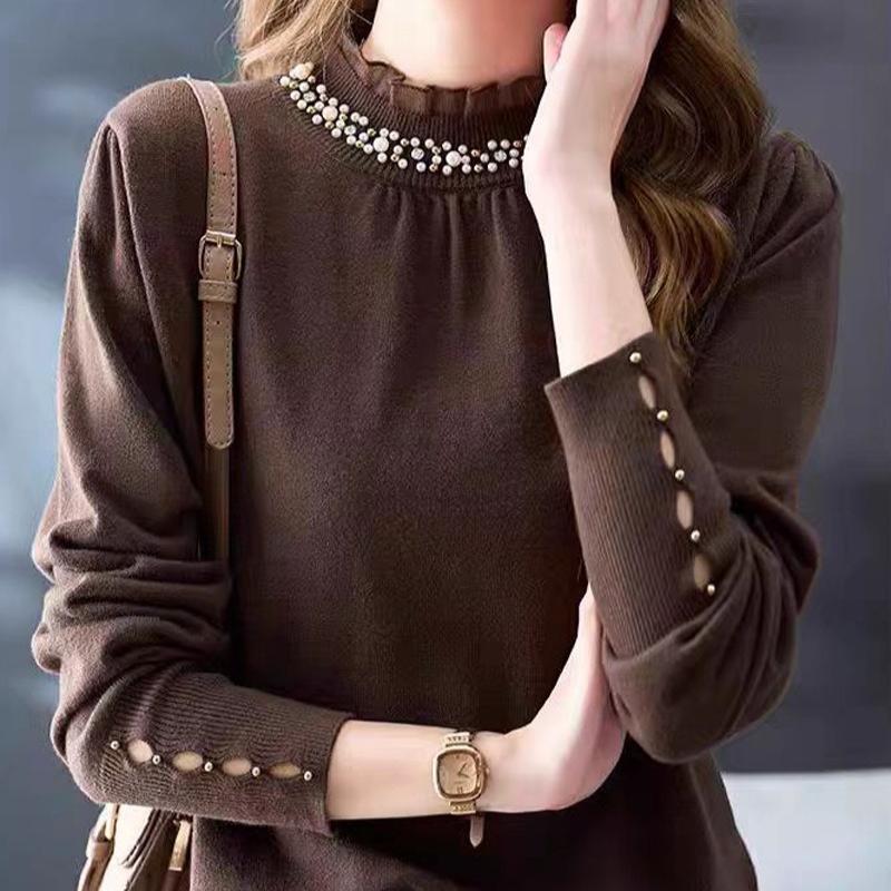French Sweater Women's Half Turtleneck Beaded Knitted Sweater Women's Autumn and Winter Ruffle Fringed Long-sleeved Pullover