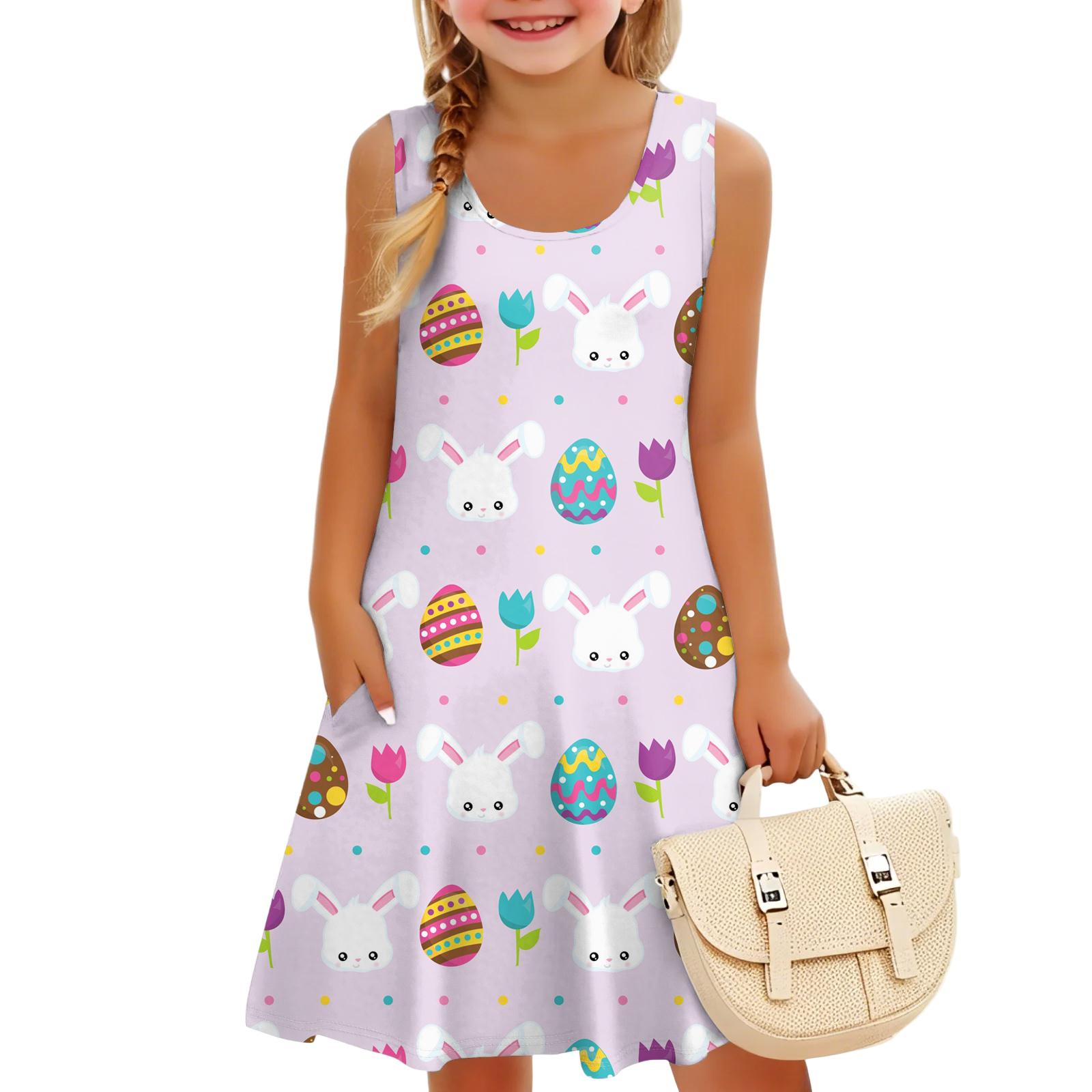 

Children s Sleeveless U-Neck Summer A-Line Easter Print Casual Resort Dress 160