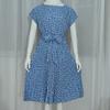 Women Spring Summer Short Sleeve Flower Print Lace Up Pleated Midi Dress Green Blue