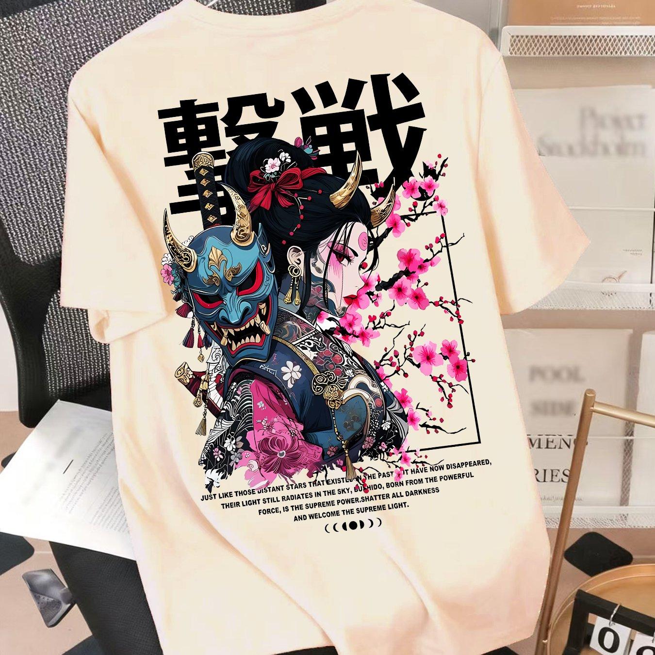 T-Shirt Featuring a Japanese Cherry Blossom Geisha with a Half-Masked Design L абрикосовый
