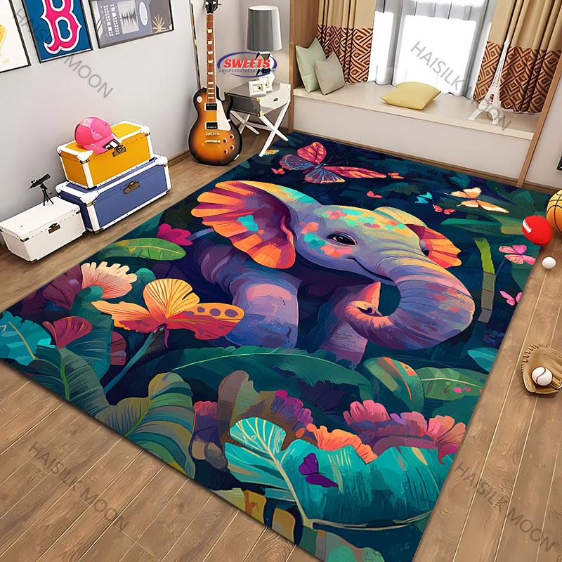 Jungle Color Elephant Children's Fun Carpet Office Mat Living Room Bedroom Sofa Non-slip Mat Modern Decorative Style Rug Gifts