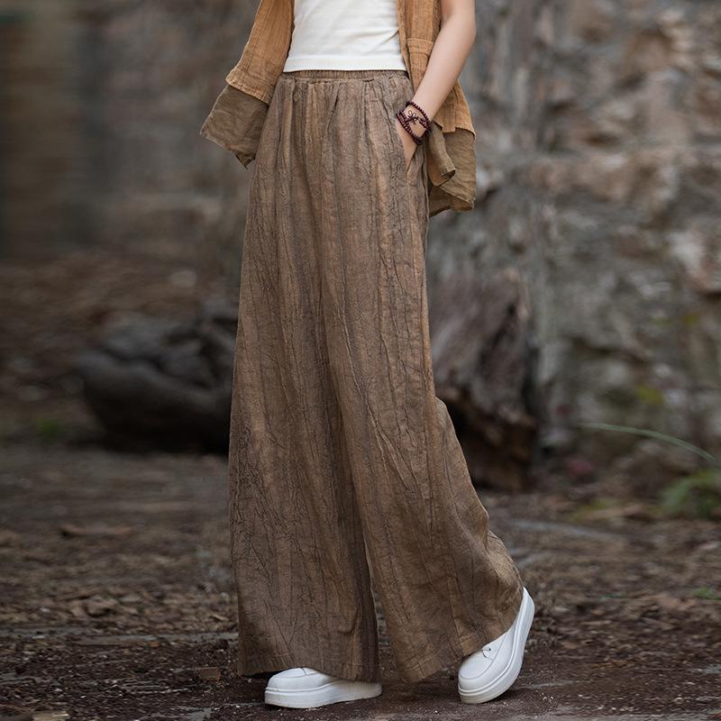 Women's Tie-Dye Cotton & Linen Wide-Leg Trousers with Velvet & Thickened Ramie