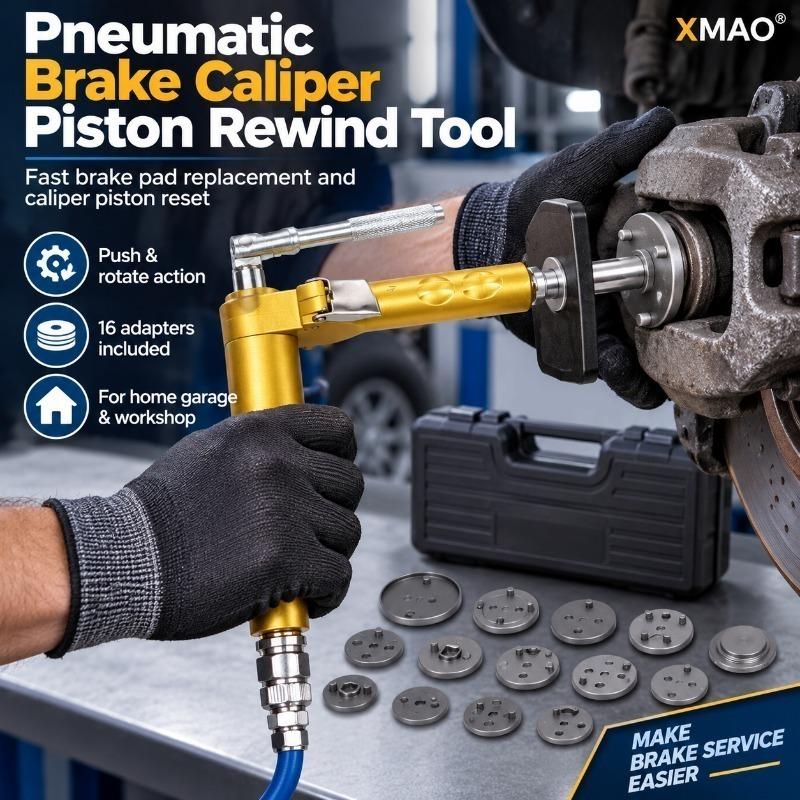 Pneumatic Brake Caliper Piston Rewind Tool Kit with 16 Adapters, Air Powered Brake Pad Replacement Reset Tool for Auto Repair