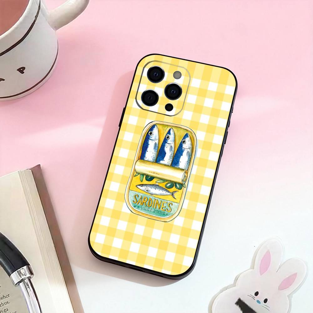 Sardines Fish Art Phone Case For iPhone 17,16,15,14,13,12,11 Plus,Pro Max,Soft Silicone Black Cover