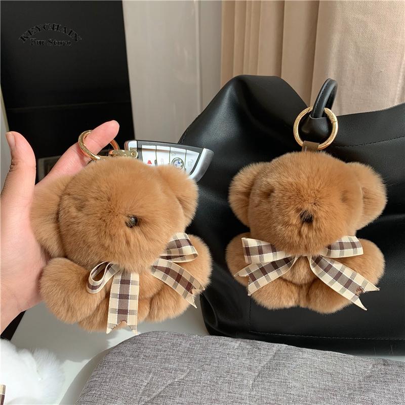 Cute Real Rex Fur Key Chain Bears Stuffed Plush Toy Mini Bear Doll Toy Keychain Bag Car Pendant Children Birthday Party Gifts