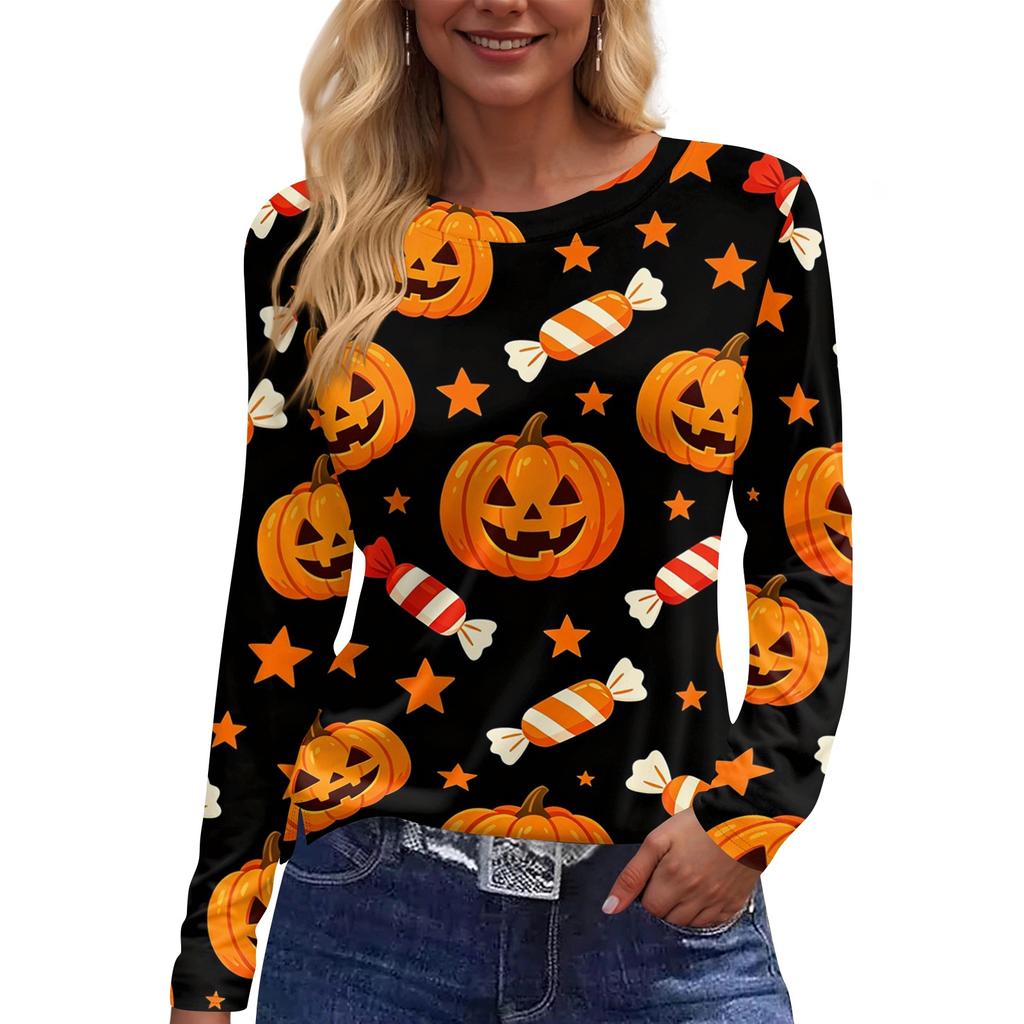Women Long Sleeve Crew Neck Top Halloween Print Split Hem Casual Loose Fit Pullover Shirt for Fall Seasonal Wear