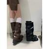 Fashion 2025new Woman Boots Knee High Platform Chunky Heels Trend Punk Gothic New Rock Leather Fashion Women's Shoes Motorcycle Footwear