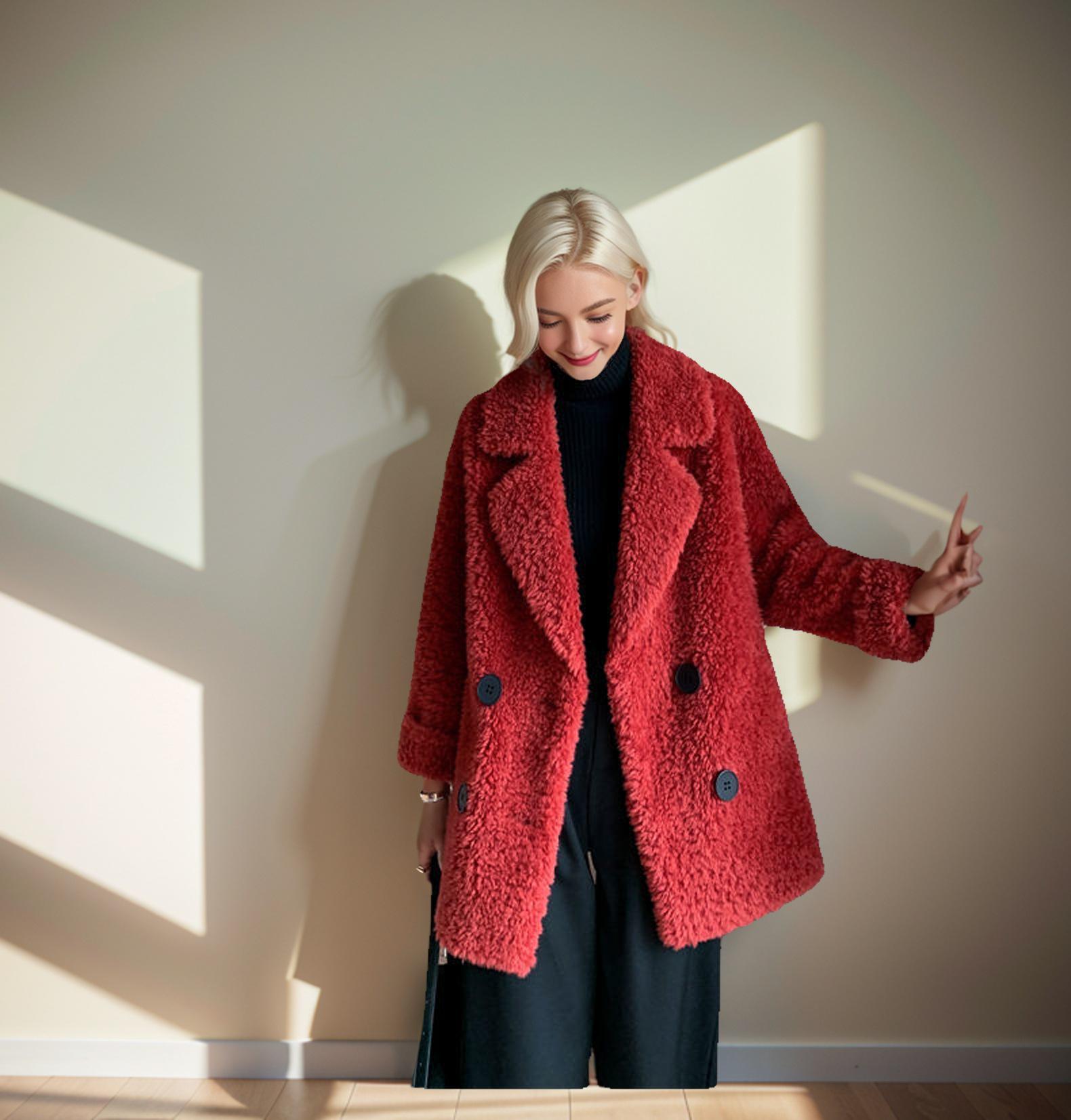 

2024 Міжнародне потовщене пальто середньої довжини з овечої вовни: Осінньо-зимовий верхній одяг вільного крою, що омолоджує. 4XL вина червоного кольору