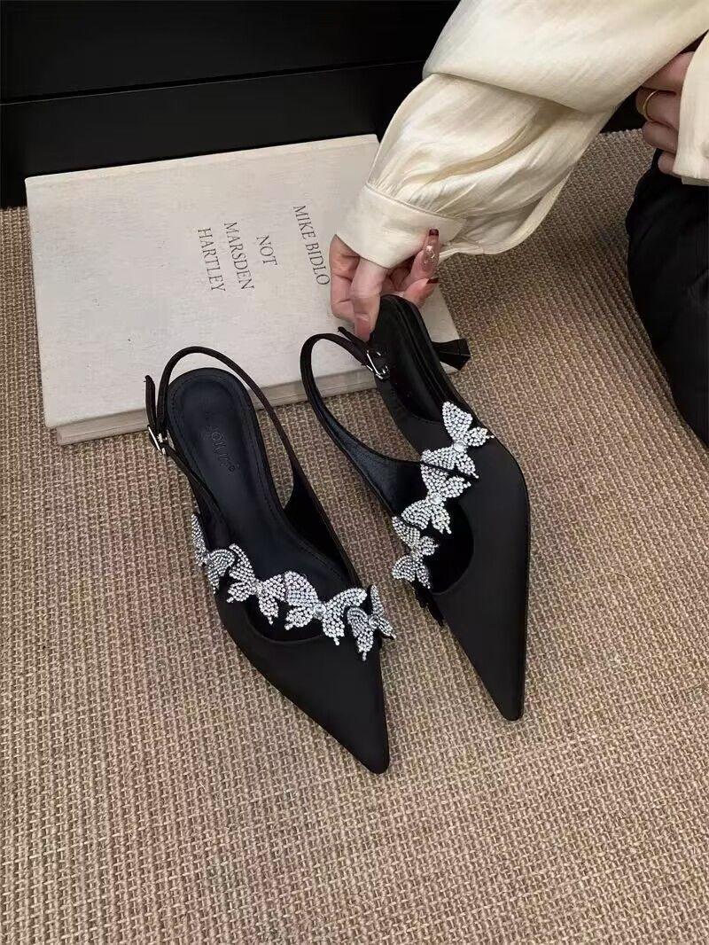 

Французские сандалии с головой-сумкой из страз в стиле легкой роскоши, женские, 2025, новые, атласные, с острым носком, на шпильке, темпераментные, тонкие, на низком каблуке, одинарные туфли 39 чёрный