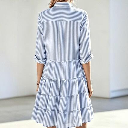 European and American fresh blue and white striped shirt skirt loose versatile lapel contrasting color casual commuter vacation dress