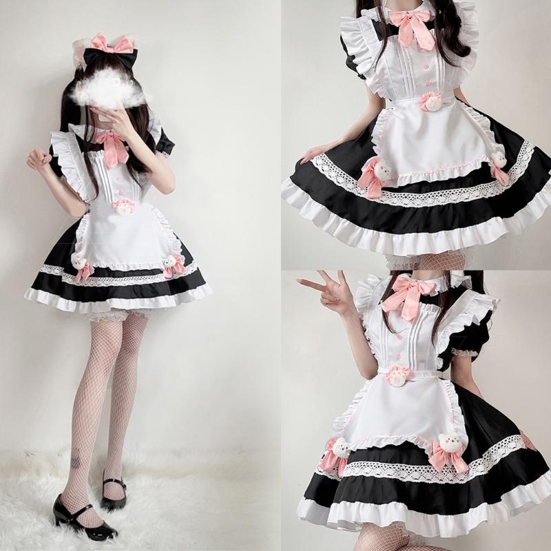 Sweet Maid Outfit Women Anime Maid Costume Fancy Dress Cosplays Costume Maid Dress with Sock Headwear Apron Bustel