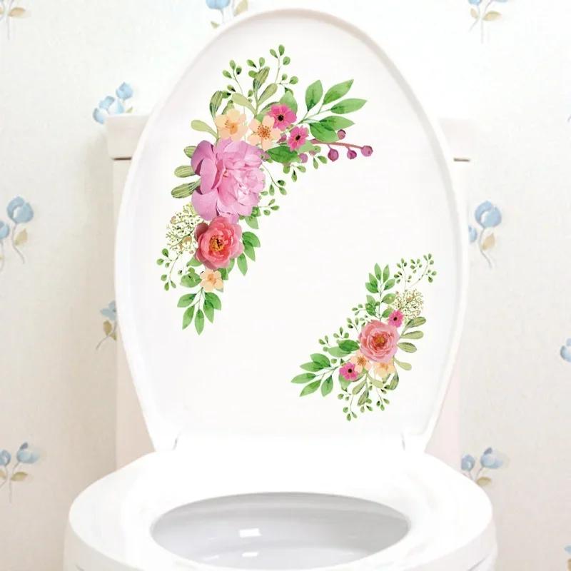Flower Mural Toilet Stickers Bathroom Decoration Stickers Bathroom Decors Self-adhesive Paintings Removable PVC Sticker 1Piece