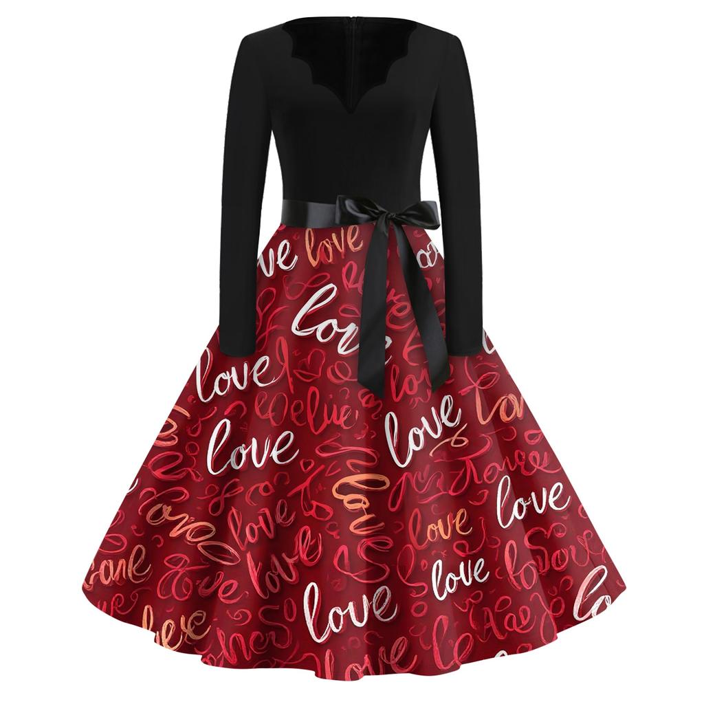 Druck Flared Kleid Für Frauen Langarmkleid Hohl Party Freizeitkleider