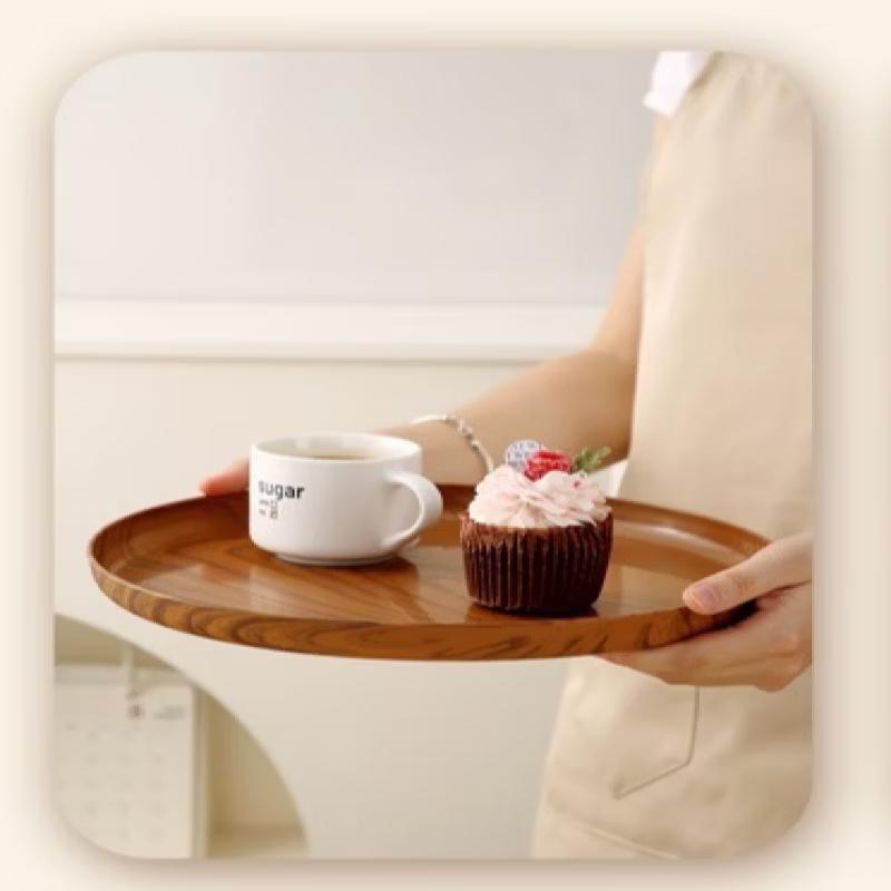 ZISIZ Retro Bamboo Wood Grain Round Serving Tray