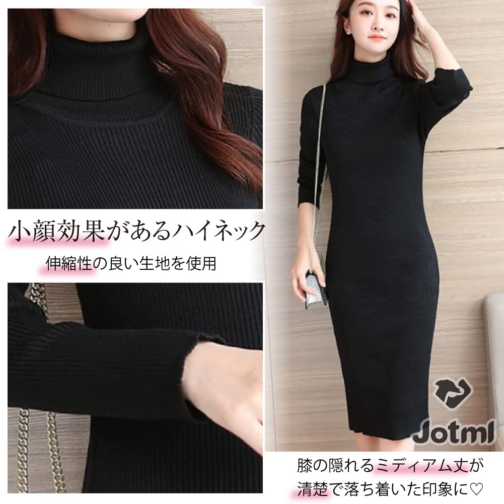 Jotml Knit Tight Long for Size Women's Dress, Turtleneck, Rib, Elegant, Sleeves, Knee-Length, Fall/Winter (Camel Brown, L)